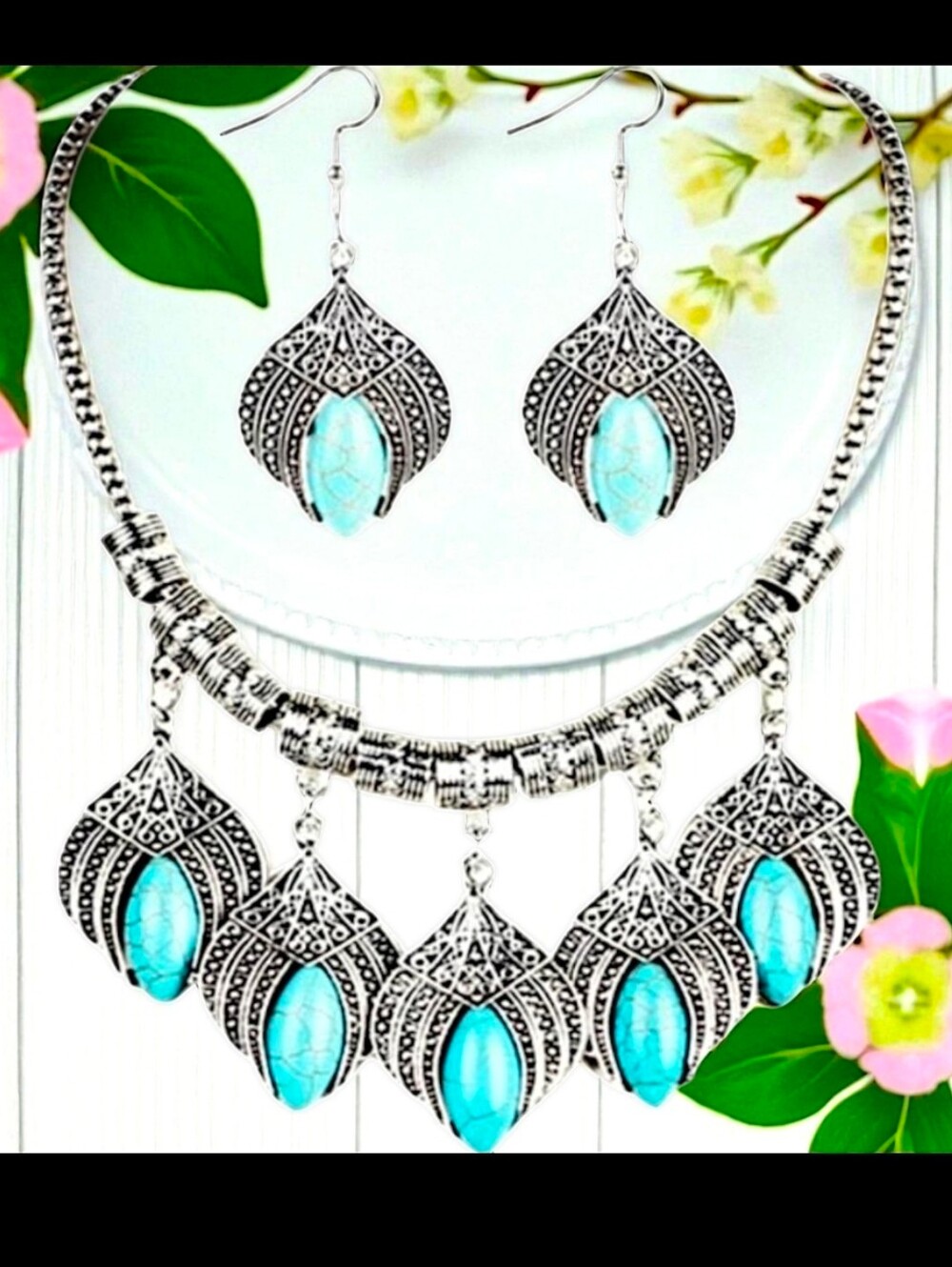 Silver turquoise stone ladybug necklace earrings set